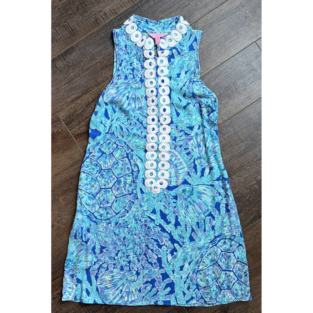 Lilly Pulitzer Jane Shift Dress Size 4 Capri Teal Pop Up Tortuga Time Turtle EUC